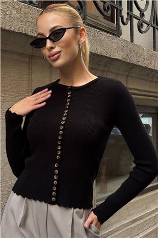 Kadın SİYAH Fit Uzun Kollu Düğmeli Triko Bluz VS01423
