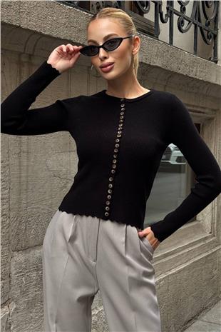 Kadın SİYAH Fit Uzun Kollu Düğmeli Triko Bluz VS01423