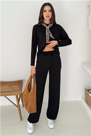 Kadın Siyah Fular Detaylı Sweatshirt Ve Beli Lastikli Geniş Paça Eşofman Takım VS01569