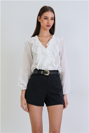 Kadın Siyah Geniş Kemerli Dokuma Mini Şort Alc-X15381