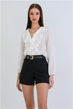 Kadın Siyah Geniş Kemerli Dokuma Mini Şort Alc-X15381