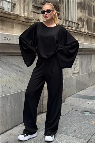 Kadın SİYAH Geniş Kol Detaylı Oversize İkili Takım VS01583