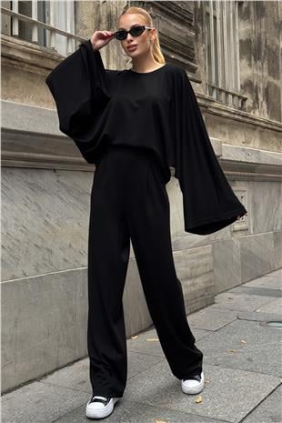 Kadın SİYAH Geniş Kol Detaylı Oversize İkili Takım VS01583