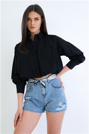 Kadın Siyah Geniş Manşetli İçi Astarlı Balon Kesim Dokuma Crop Gömlek Alc-X15260