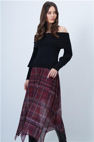 Kadın Siyah Geniş Kol Manşetli Madonna Yaka Bluz VS01455