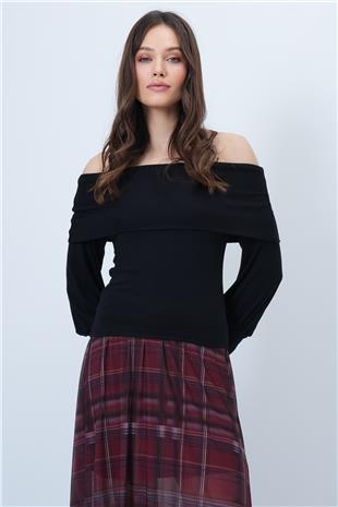 Kadın Siyah Geniş Kol Manşetli Madonna Yaka Bluz VS01455