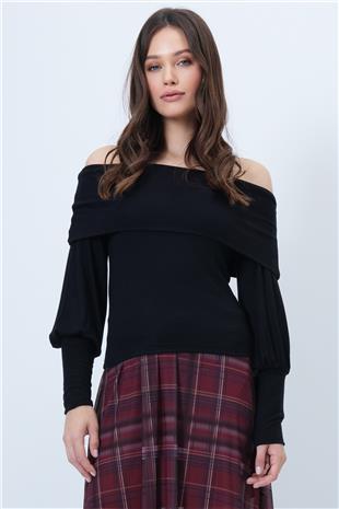 Kadın Siyah Geniş Kol Manşetli Madonna Yaka Bluz VS01455