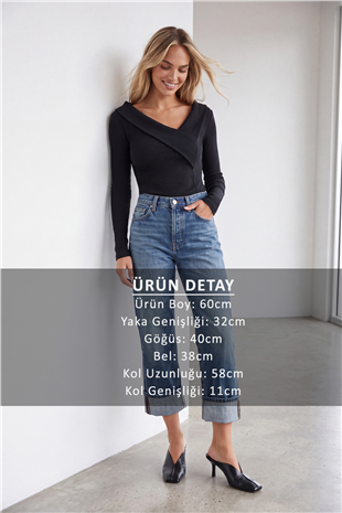 Kadın Siyah Geniş Yakalı Ottoban Bluz ALC-X14342