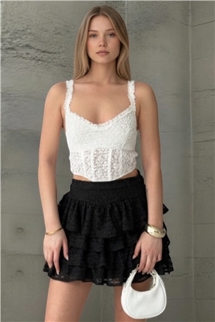 Kadın Siyah Gizli Fermuarlı Kat Kat Volanlı Astarlı Dantel Etek Alc-X15310