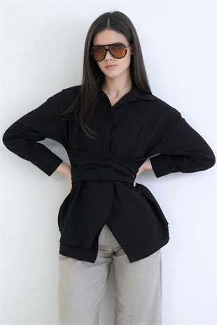 Kadın Siyah Gizli Patlı Beli Bağlamalı Yırtmaç Detaylı Poplin Gömlek Alc-X15280