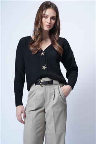 Kadın Siyah Gold Düğme Detaylı V Yaka Triko Hırka Alc-X14754