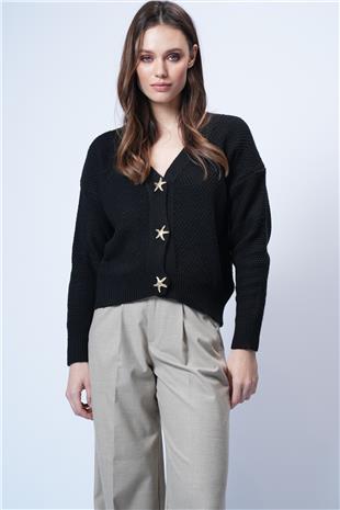 Kadın Siyah Gold Düğme Detaylı V Yaka Triko Hırka Alc-X14754