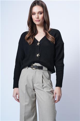 Kadın Siyah Gold Düğme Detaylı V Yaka Triko Hırka Alc-X14754