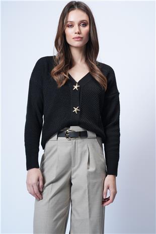 Kadın Siyah Gold Düğme Detaylı V Yaka Triko Hırka Alc-X14754