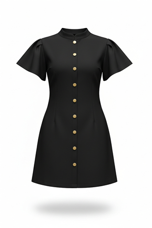 Kadın Siyah Hakim Yaka Düğme Detaylı Mini Dokuma Elbise Alc-X15303