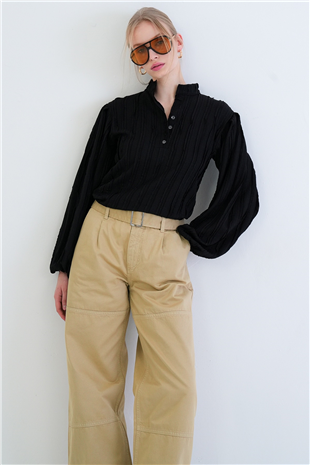 Kadın Siyah Hakim Yaka Önü Düğmeli Balon Kol Fırfır Kumaş Gömlek Bluz Alc-X15405