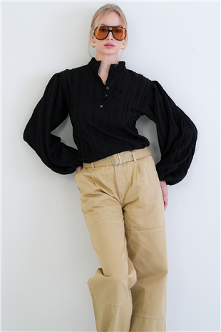 Kadın Siyah Hakim Yaka Önü Düğmeli Balon Kol Fırfır Kumaş Gömlek Bluz Alc-X15405