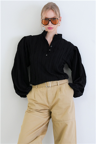 Kadın Siyah Hakim Yaka Önü Düğmeli Balon Kol Fırfır Kumaş Gömlek Bluz Alc-X15405