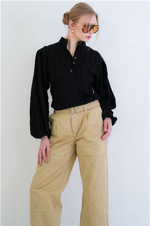 Kadın Siyah Hakim Yaka Önü Düğmeli Balon Kol Fırfır Kumaş Gömlek Bluz Alc-X15405
