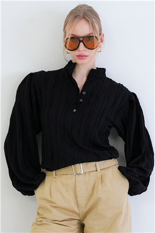 Kadın Siyah Hakim Yaka Önü Düğmeli Balon Kol Fırfır Kumaş Gömlek Bluz Alc-X15405