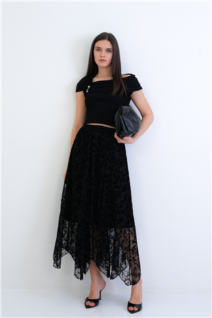 Kadın Siyah İçi Astarlı  Maxi Boy Dantel Etek Alc-X15309