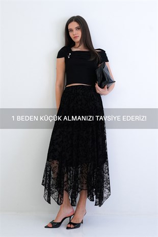 Kadın Siyah İçi Astarlı  Maxi Boy Dantel Etek Alc-X15309