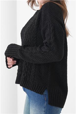 Kadın SİYAH Kalın Örgü Desenli Bisiklet Yaka Triko Kazak VS01438