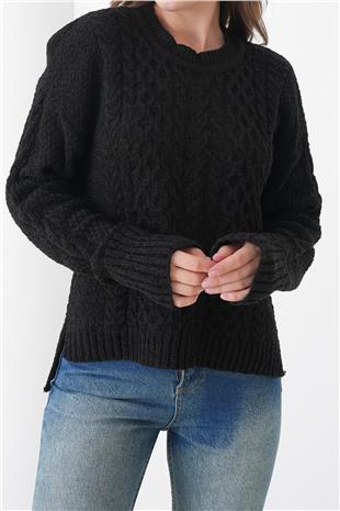 Kadın SİYAH Kalın Örgü Desenli Bisiklet Yaka Triko Kazak VS01438