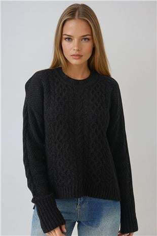 Kadın SİYAH Kalın Örgü Desenli Bisiklet Yaka Triko Kazak VS01438