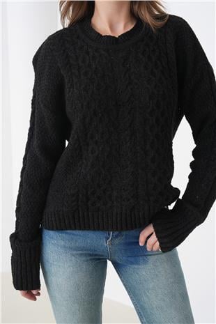 Kadın SİYAH Kalın Örgü Desenli Bisiklet Yaka Triko Kazak VS01438