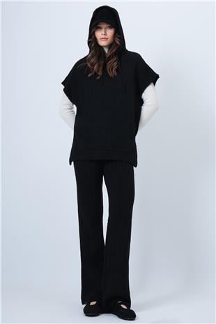 Kadın SİYAH Kapüşonlu Kolsuz Sweat ve Beli Lastikli Pantolon Triko Takım VS01461