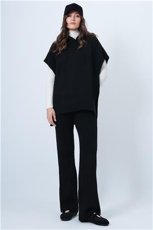 Kadın SİYAH Kapüşonlu Kolsuz Sweat ve Beli Lastikli Pantolon Triko Takım VS01461