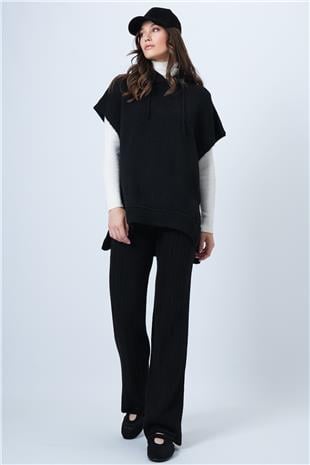 Kadın SİYAH Kapüşonlu Kolsuz Sweat ve Beli Lastikli Pantolon Triko Takım VS01461