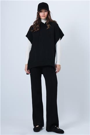 Kadın SİYAH Kapüşonlu Kolsuz Sweat ve Beli Lastikli Pantolon Triko Takım VS01461