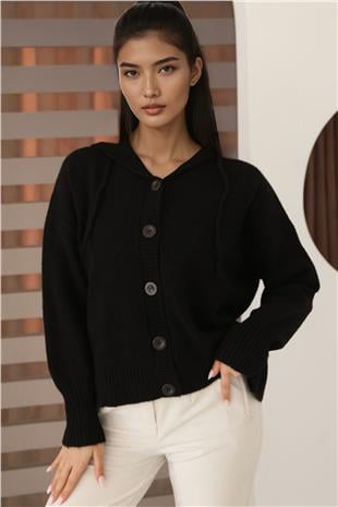 Kadın Siyah Kapüşonlu Triko Hırka Alc-X14743