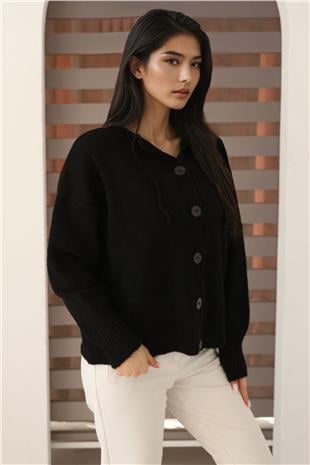 Kadın Siyah Kapüşonlu Triko Hırka Alc-X14743