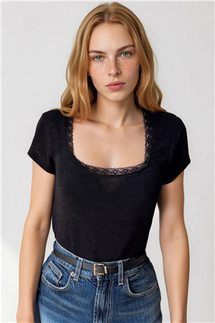 Kadın Siyah Kare Yaka Dantel Detaylı Örme Bluz Alc-X15423