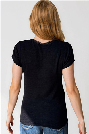 Kadın Siyah Kare Yaka Dantel Detaylı Örme Bluz Alc-X15423