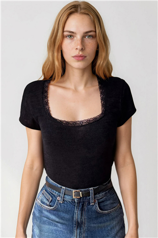Kadın Siyah Kare Yaka Dantel Detaylı Örme Bluz Alc-X15423