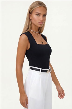 Kadın Siyah Kare Yaka Kalın Askılı Sandy Bluz ALC-X13449