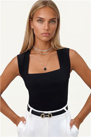 Kadın Siyah Kare Yaka Kalın Askılı Sandy Bluz ALC-X13449