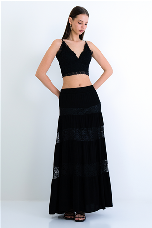 Kadın Siyah Kat Kat Volanlı Dantel Detaylı Dokuma Etek Alc-X15236