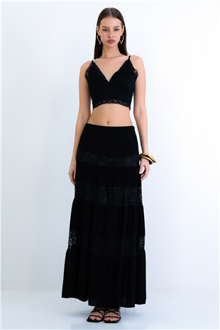 Kadın Siyah Kat Kat Volanlı Dantel Detaylı Dokuma Etek Alc-X15236