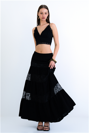 Kadın Siyah Kat Kat Volanlı Dantel Detaylı Dokuma Etek Alc-X15236