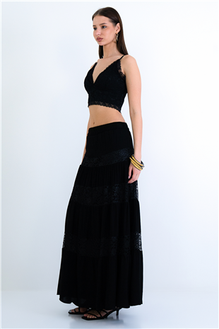 Kadın Siyah Kat Kat Volanlı Dantel Detaylı Dokuma Etek Alc-X15236