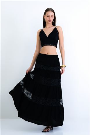 Kadın Siyah Kat Kat Volanlı Dantel Detaylı Dokuma Etek Alc-X15236