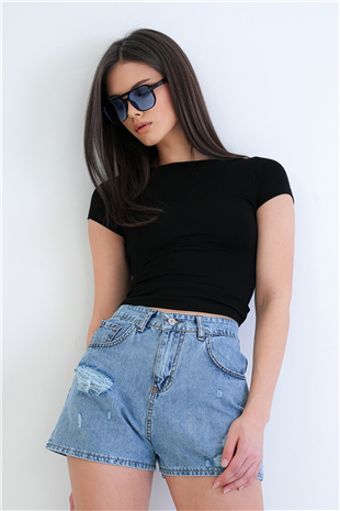 Kadın Siyah Kayık Yaka Basic Modal Bluz Alc-X15270