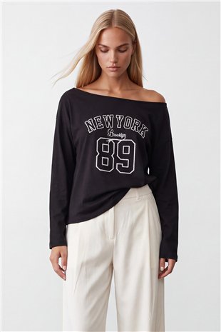 Kadın Siyah Kayık Yaka Baskılı Modal Sweatshirt Alc-X15731