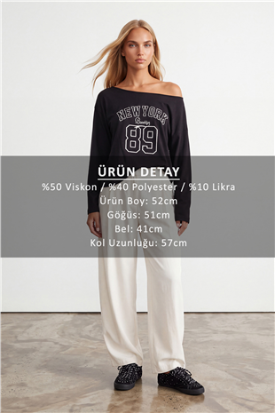 Kadın Siyah Kayık Yaka Baskılı Modal Sweatshirt Alc-X15731