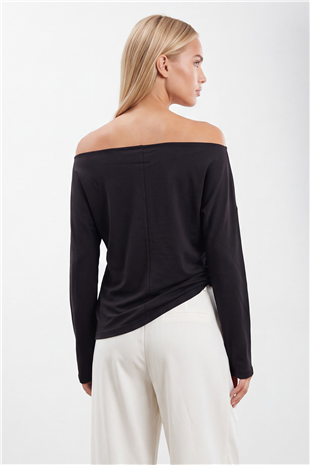 Kadın Siyah Kayık Yaka Baskılı Modal Sweatshirt Alc-X15731